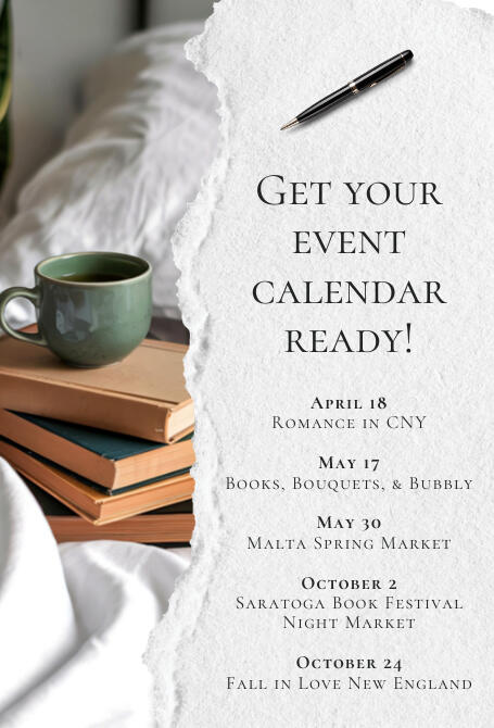 Green coffee mug on a stack of books on left vertical half, ripped paper on right vertical half that reads "Get your event calendar ready!" Two events listed: April 18 Romance in CNY, and October 24 Fall in Love New England